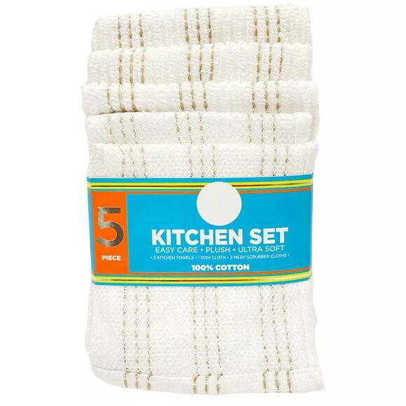 Sultan's Linens 5 PC Kitchen Towel, Dishcloth & Scrubber Set in White & Brown - Picture 3 of 5